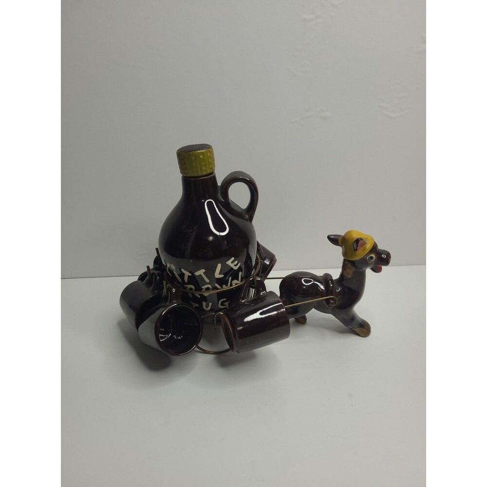 Vintage Japan Donkey Pulling Little Brown Jug, Cups, Metal Wagon, Drink, Shot